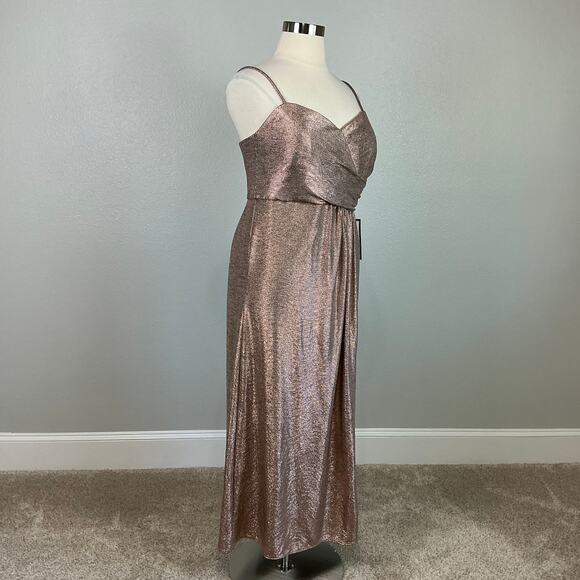 Metallic Sleeveless Evening Gown Rose Gold Size 14W Nightway Thigh Slit Dress - Picture 2 of 12
